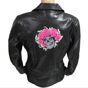 GRATEFUL DEAD BLACK LEATHER FLORAL SKULL EMBROIDERED BOMBER MOTO JACKET SIZE MED